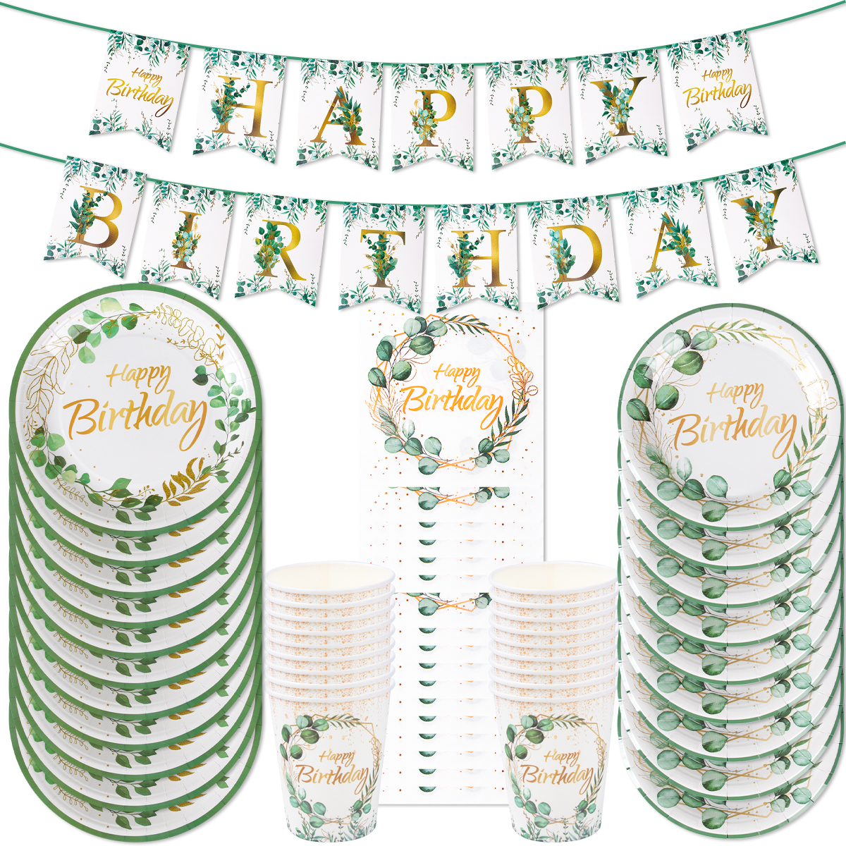 Table Cloth Disposable - Green Eucalyptus Leaf Happy Birthday Party